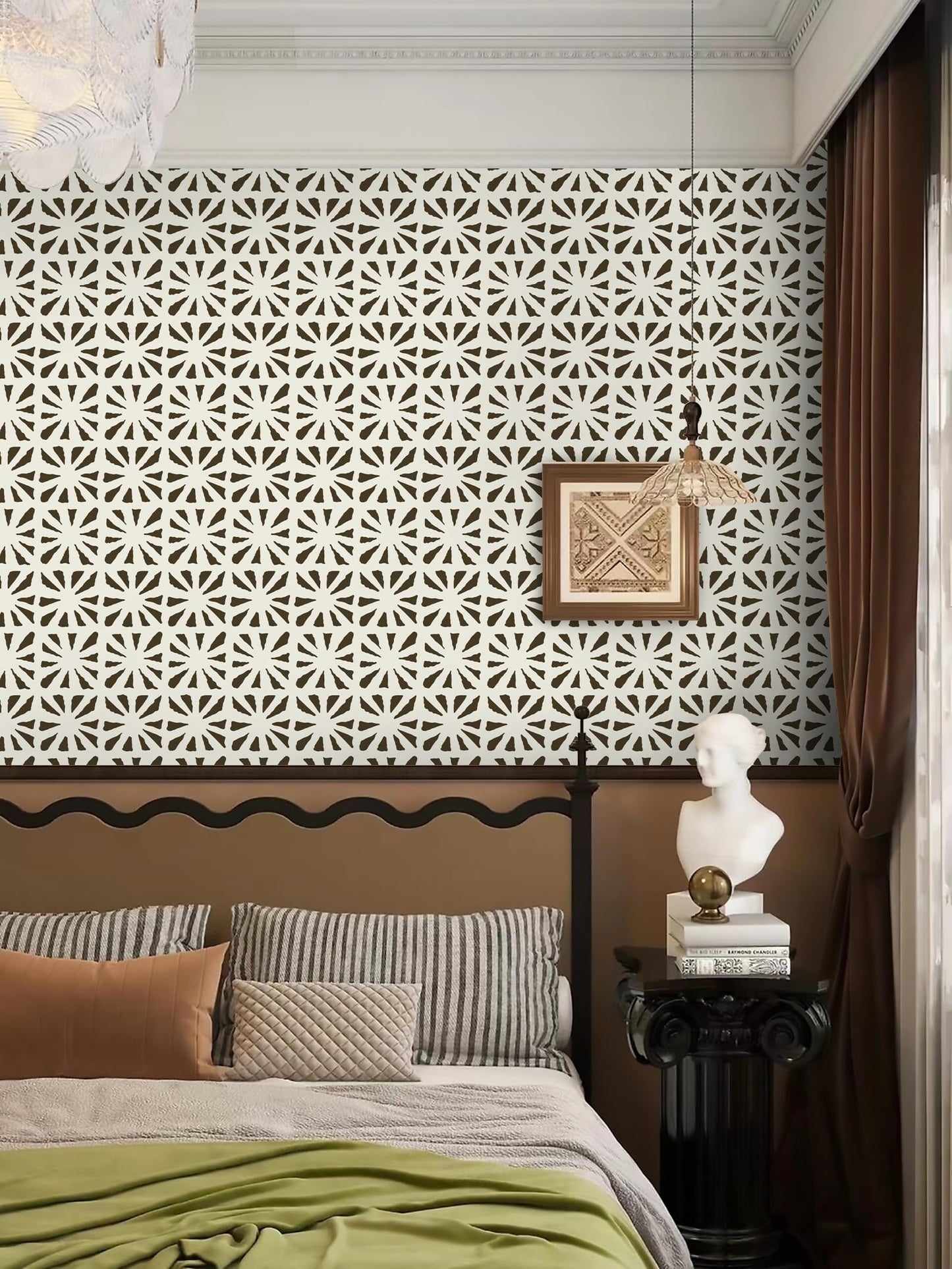 Fiula Peel and Stick Wallpaper Geometric Boho Contact Paper Black 78.7 "x17.3 Beige Self-Adhesive Wallpaper Vintage for Bedroom Waterproof Removable Shelf Liner Decal Vinyl Roll