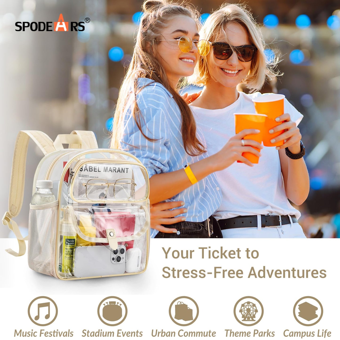 SPODEARS Sports Fan Small Clear Backpack for Stadium, Concert, Festival & More - Multi-Pocket Design, Reinforced & Wider Shoulder Straps, Beige