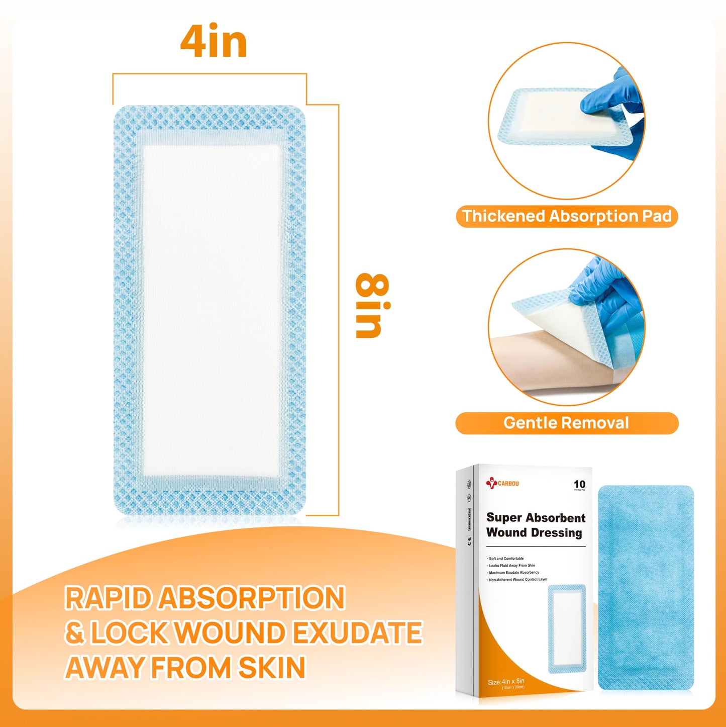 Carbou Super Absorbent Wound Dressing Pads 4"x 8", 10 Individual Pack, Non Adhesive Absorbent Bandages for Wound Care, Soft Highly Absorbent Dressing, Non Stick Gauze Pads for Wounds