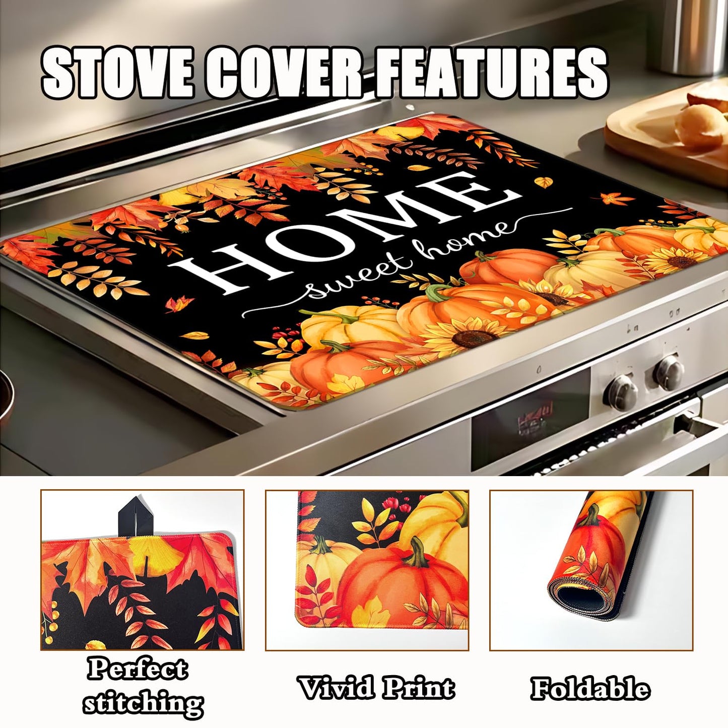 Fall Pumpkin Stove Cover For Electric Stove, 20x28 Glass Stove Top Mat Fall Black Heat Resist Electric Gas Range Mat Sweet Home Decor Glass Top Protector Kitchen Induction Cooktop Pad