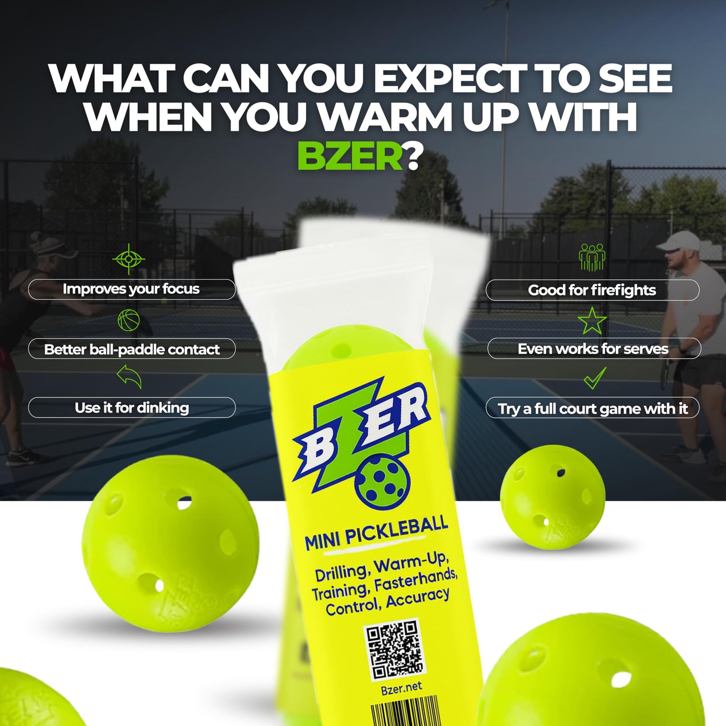 BZER Quiet Pickleball Balls – Mini Pickleballs Silent Rubber Training Ball - Set of 3 for Indoor Outdoor Play, Soft Tiny Practice Trainer, Improve Focus, Boost Control, Training Essentials