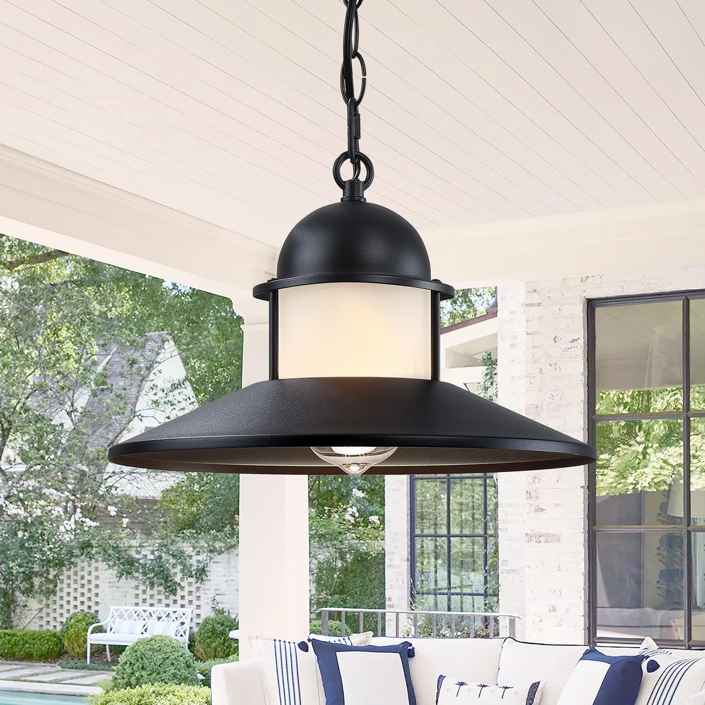 DOCIUEON Outdoor Pendant Light 2 Pack, Modern Outside Chandelier Outdoor Hanging Lantern Light in Matte Black with Frosted Glass, Exterior Pendant Lighting Fixture Ceiling Mount for Porch Patio Gazebo