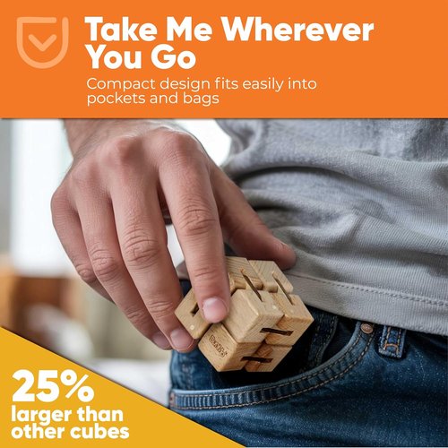 BunMo Wooden Fidget Cube - Beechwood Infinity Cube Toy | Smooth Folding Pocket Size for Travel & Desk