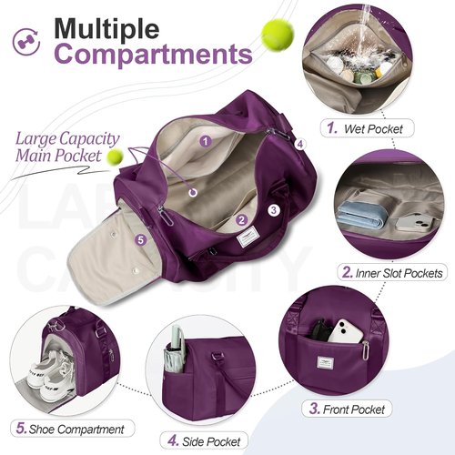 FIORETTO Women's Gym Tote Duffle Bag - Wet Pocket & Shoe Compartment | Dark Purple Sports Bag for Travel & Workouts
