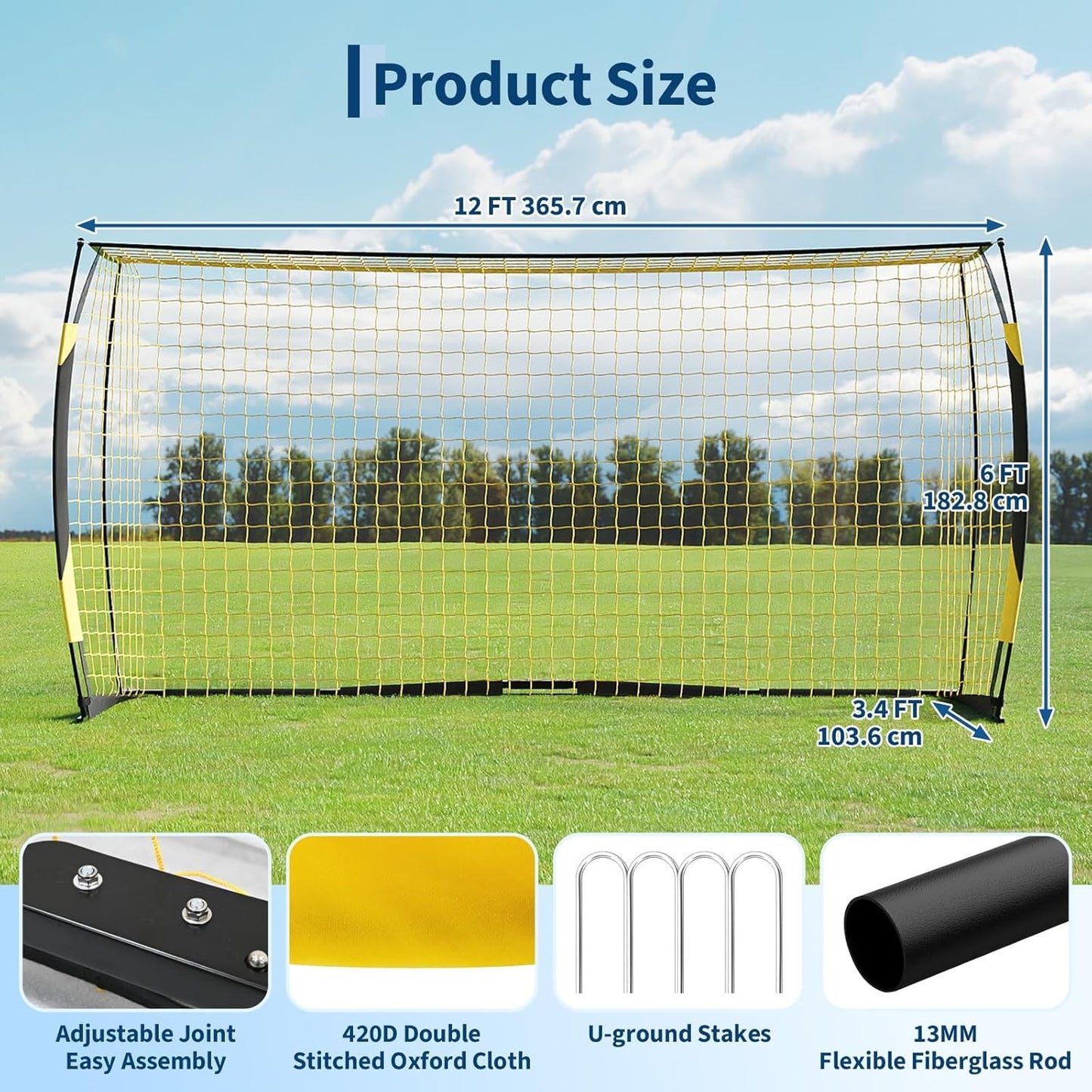 Soccer Goal | Portable 12x6 Ft & 6x4 Ft | Heavy-Duty Metal Base, Quick Setup, Weather-Resistant with Carry Bag