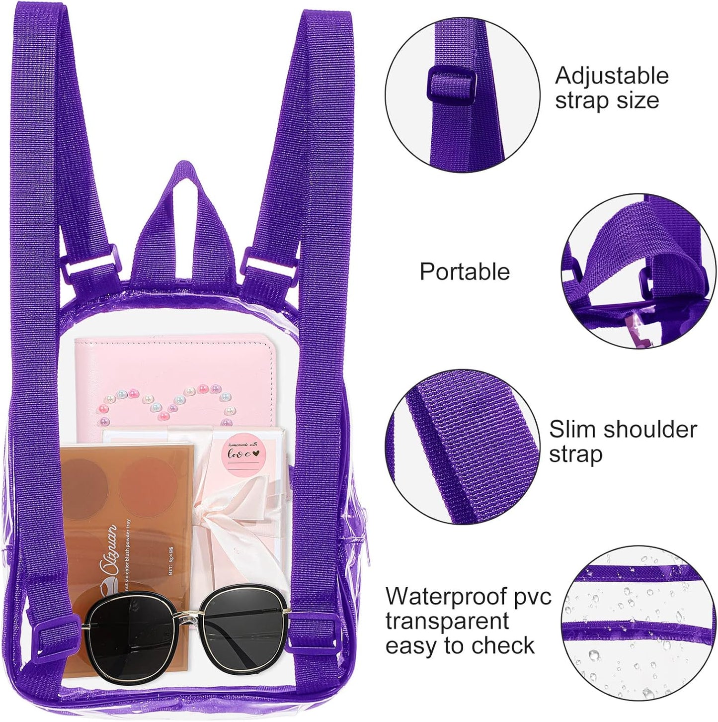 Weewooday Clear Mini Backpack - Transparent Waterproof Crossbody Purse | Small Purple Concert Bag