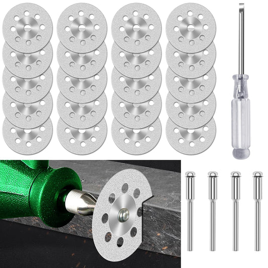 20 pcs Diamond Cutting Wheel Cut Off Discs Coated(22mm) with 4pcs 3mm Mandrel and Screwdriver for Dremel Rotary Tool