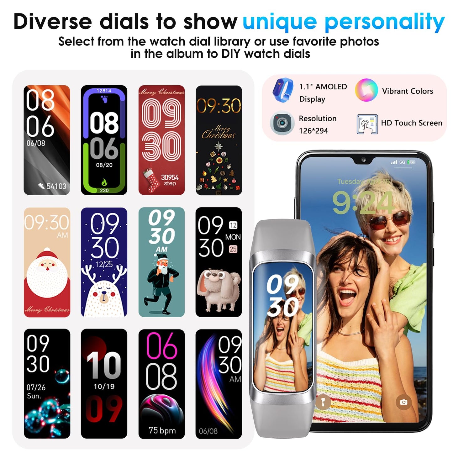 Fitness Tracker, 24/7 Heart Rate Blood Oxygen Blood Pressure Body Temp Monitor Sleep Calorie Tracker with 1.1" AMOLED Touch Color Screen Pedometer Smart Watch Waterproof for Women Men (Silver Gray)