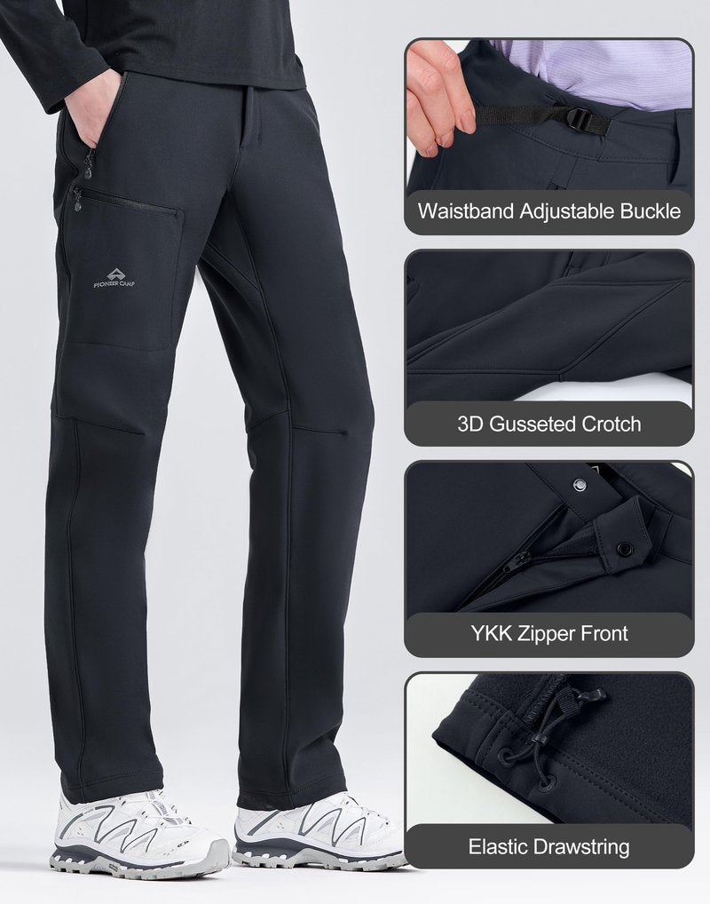 Pioneer Camp Women's Hiking Pants Fleece Lined Cold Weather Windproof Water Repellent Insulated High Waist Snowboarding Pants, Black, XL