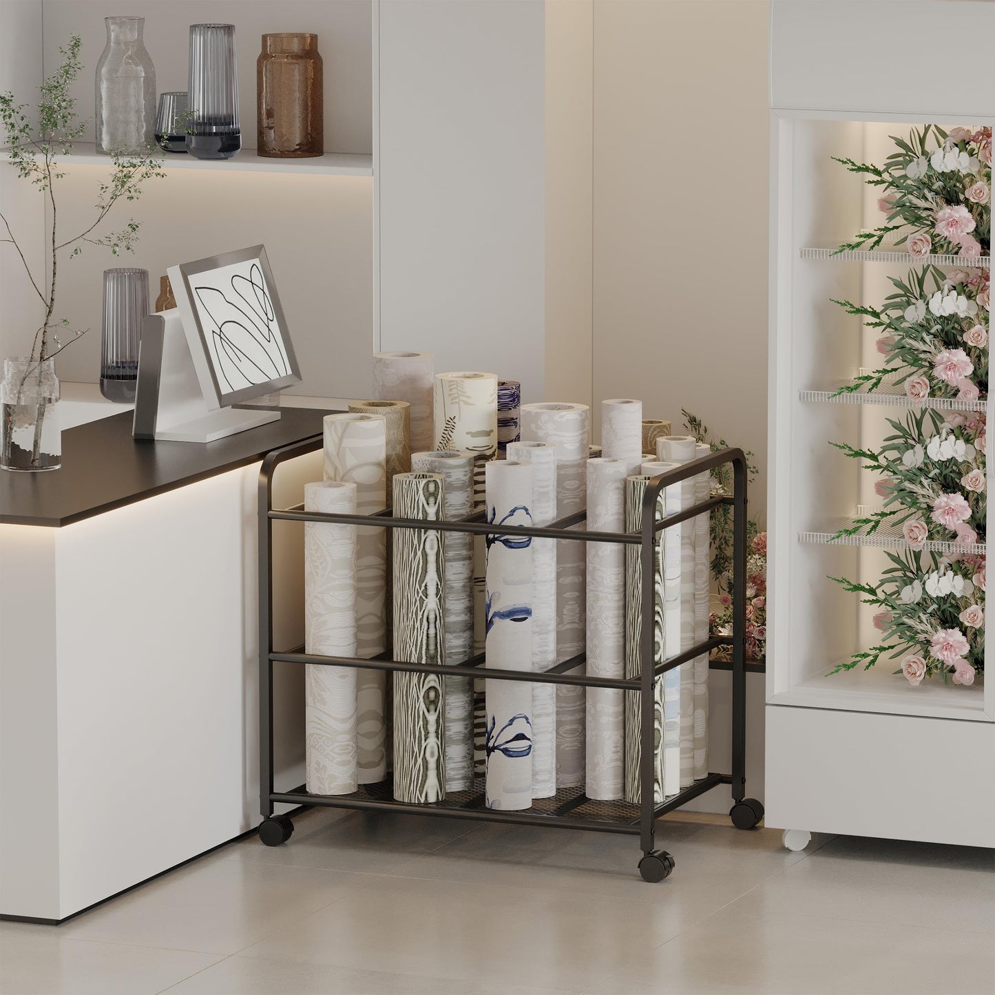 Lutown-Teen Yoga Mat Storage Rack with Wheels, Yoga Mat Rack for Fitness Class, Home, Gym, Workout Room, Home Gym Storage with Rounded Corners, Large-Capacity, Easy Assembly, Black