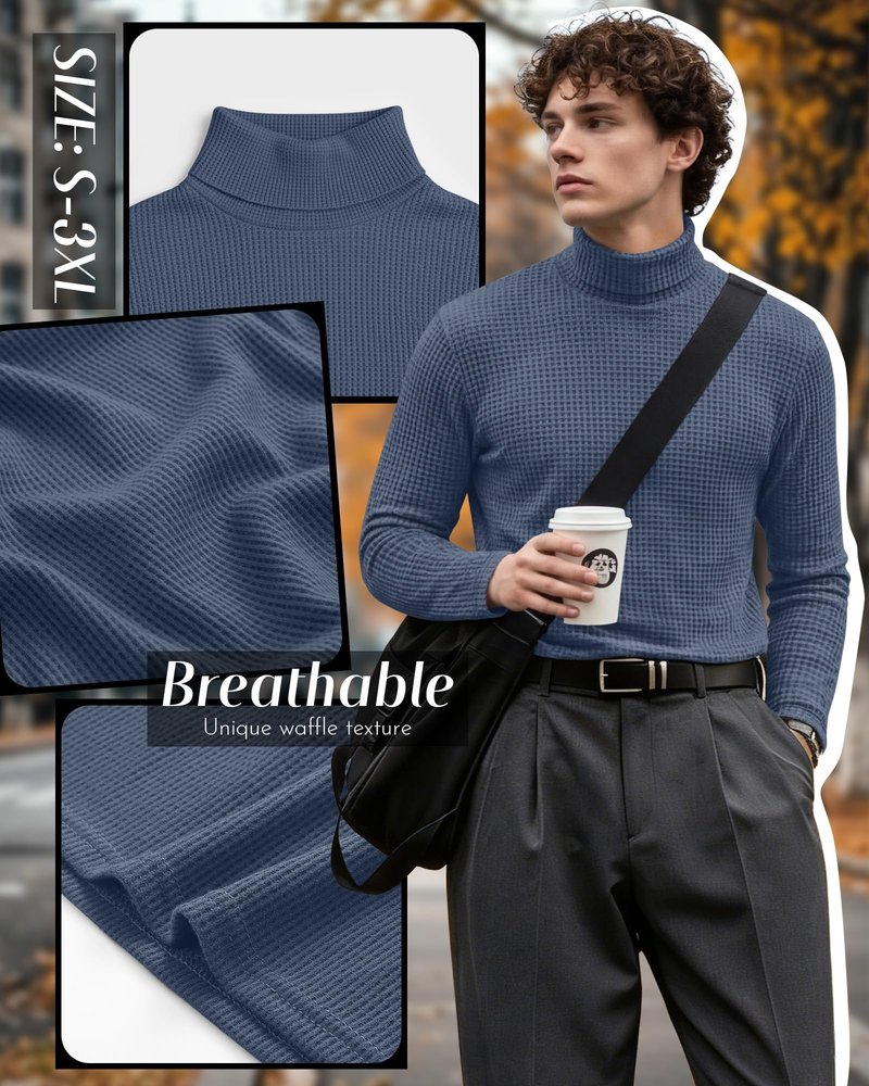 August Alley 3 Pack Men's Waffle Turtleneck Long Sleeve Shirts Slim Fit Pullover Sweater Thermal Undershirt Soft Base Layer(Navy Blue, Gray, Haze Blue,Large)