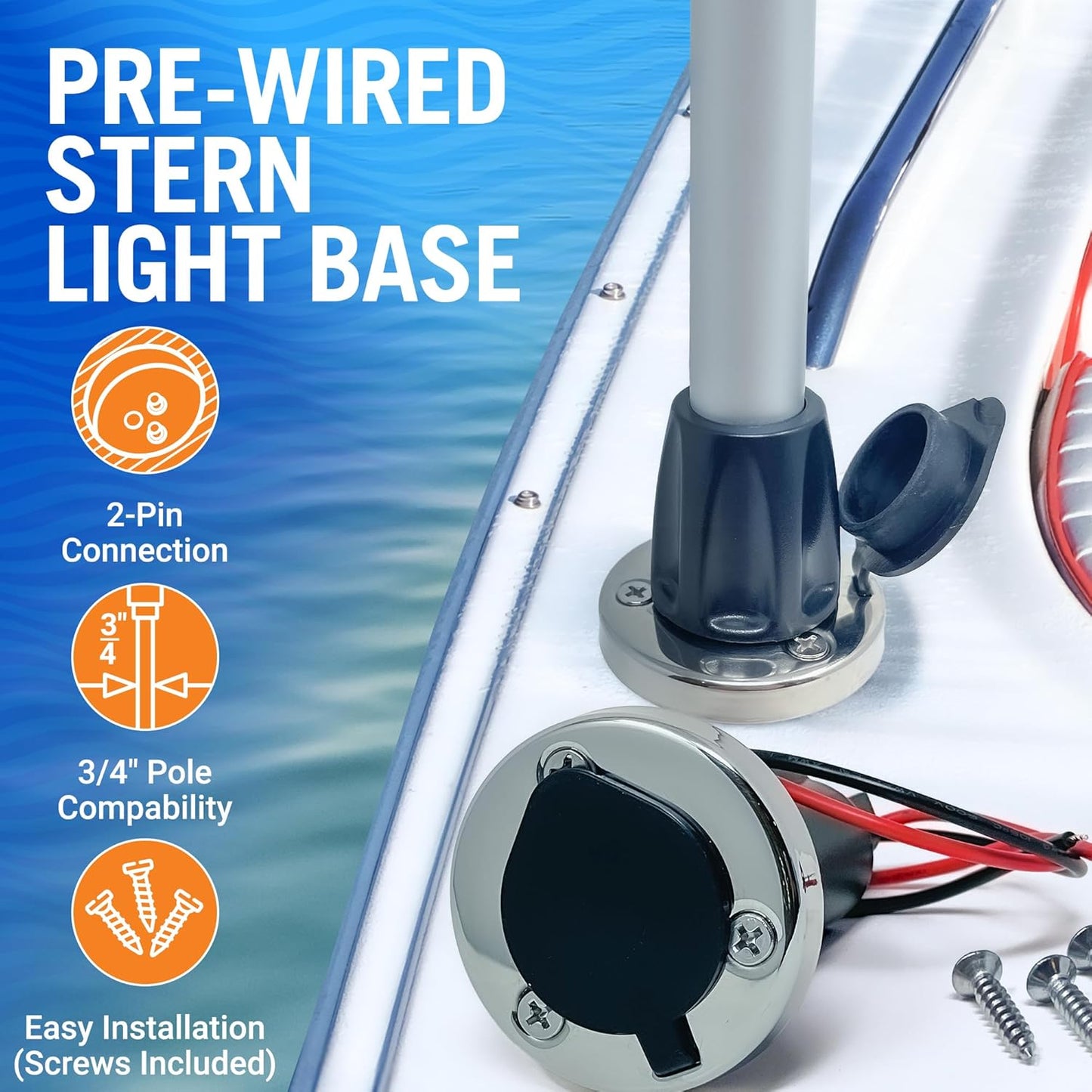 Skiennix Boat Stern Light Base - Durable Navigation & Anchor Light Socket with Stainless Steel Trim | 2-Pin Plug
