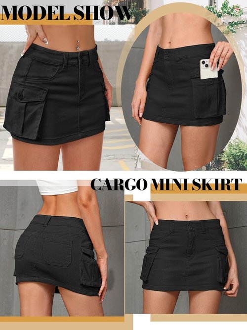 Mancreda Women's Denim Cargo Mini Skirt - Low Waist Bodycon Design with Flap Pockets
