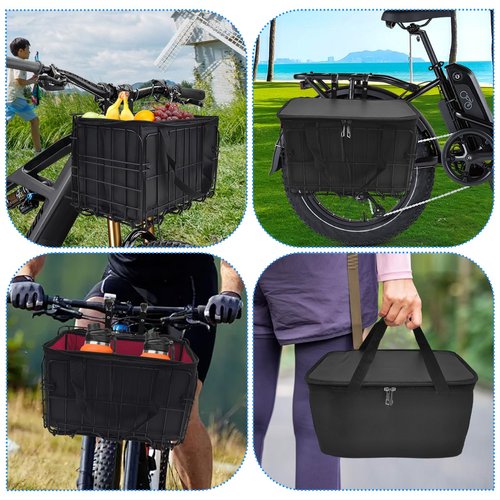 Bike Basket Front, Folding Bicycle Basket with Removable Liner Bag, Large Quick Release Design Bicycle Frame Basket Removable Front Bag/Rear Hanging Cargo Rack, Carrying Pets, Fruit & Grocery