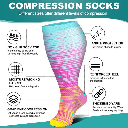 3 Packs Wide Calf Compression Socks for Women Men Knee Hight Plus Size Extra Graduated Stocking Calcetas Medias Para Mujer Big Travel Flight Sports Excise New Mom Birth Gifts Red Green Pink 2XL