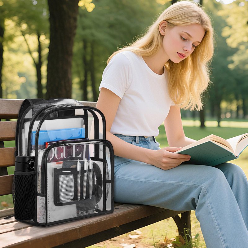 WELIDAY Clear Backpack Heavy Duty PVC Transparent Backpack Large Capacity Clear Bookbag for Work and Travel Security Ruggedly Reinforced Strap for Men, Women, Boys & Girls (Black)