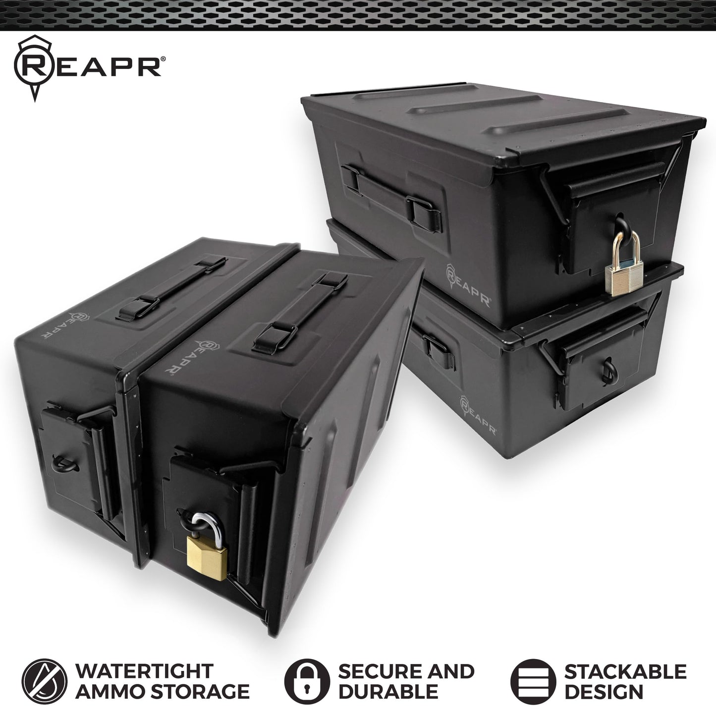 Reapr Steel Ammo Can, Heavy Duty Locking Metal Ammo Storage Box, Airtight and Watertight 30 Cal or 50 Cal Case for Rifle, Shotgun, Pistol, Military Footlocker Style Tool and Gear Organizer