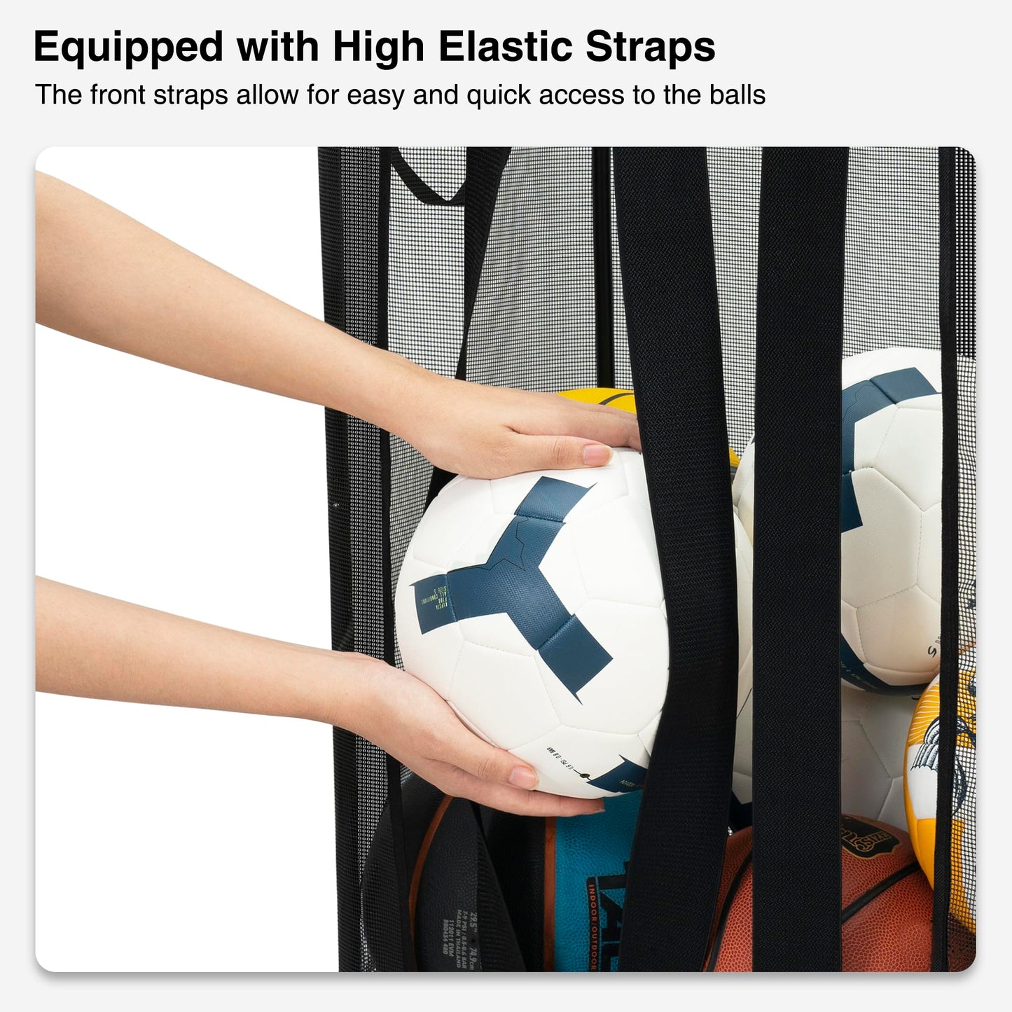 STO STO Ball Storage Basket, Wall-Mounted or Freestanding Garage Ball Organizer Holder, Holds up to 15 Balls, Sports Equipment Organizer with Elastic Front Access for Garage, Gym, Playroom, Black
