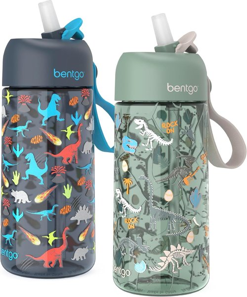 Bentgo Kids Water Bottle 2-Pack - Leak-Proof, Durable Tritan, BPA-Free 15 oz for Ages 3+ | Bite & Sip Spout, Dishwasher Safe (Dinosaur/Dino Fossils)