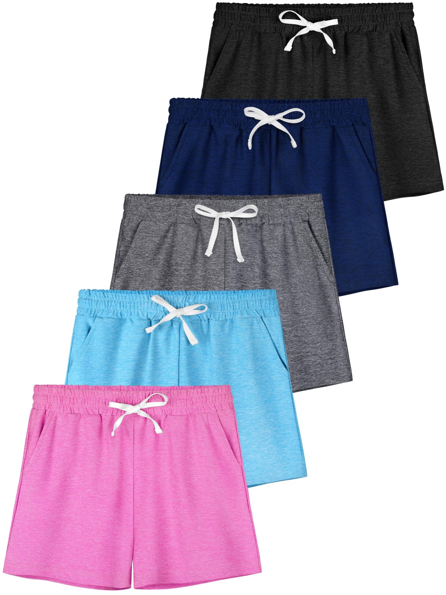 QWE 5 Pack Girls Shorts Athletic Soccer Running Performance Active Dry-Fit Sports Basketball Shorts with Drawstring Pocket SetA 14-16 Years