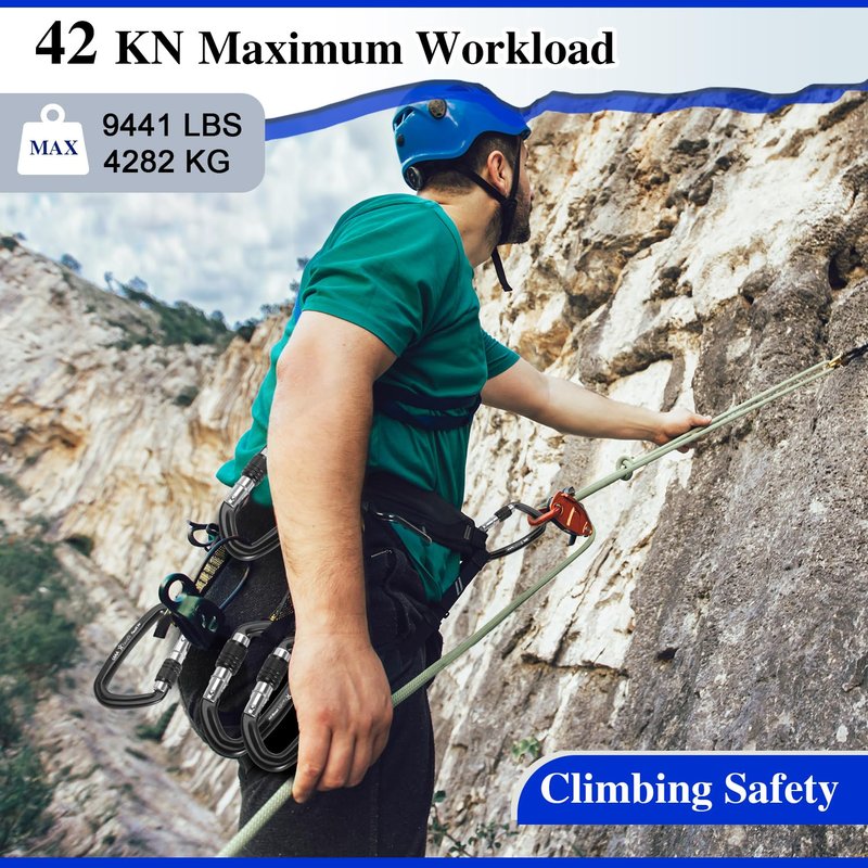 Locking Climbing Carabiner Heavy Duty: Favofit UIAA Certified 42kn (9441 lbs) Safety Caribeaner Clips - Large Screwgate Rock Mountain Caribiniers for Rescue Firefighter