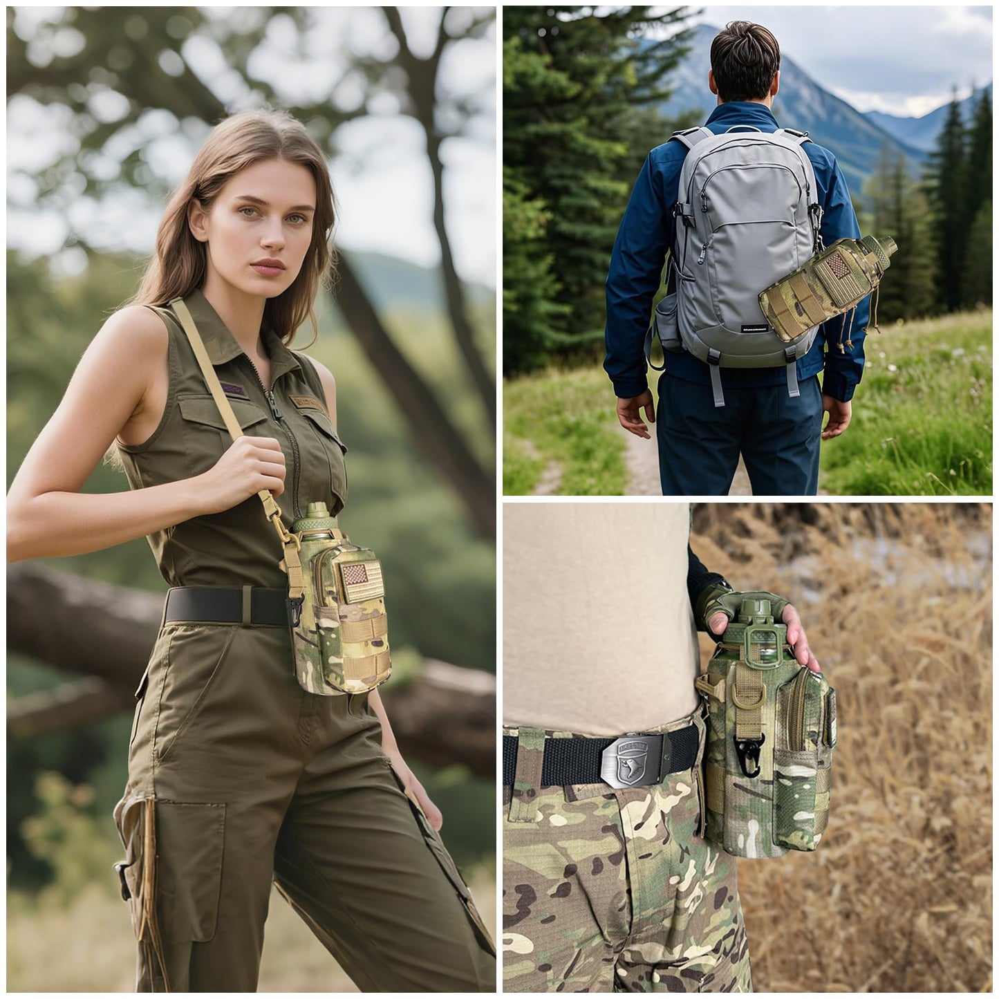 Water Bottle Holder with Strap - Tactical Insulated Water Bottle Sleeve with MOLLE System for Backpack Military Camo Cross-Body Pouch for Walking Hiking Camping Gym 32oz&40oz