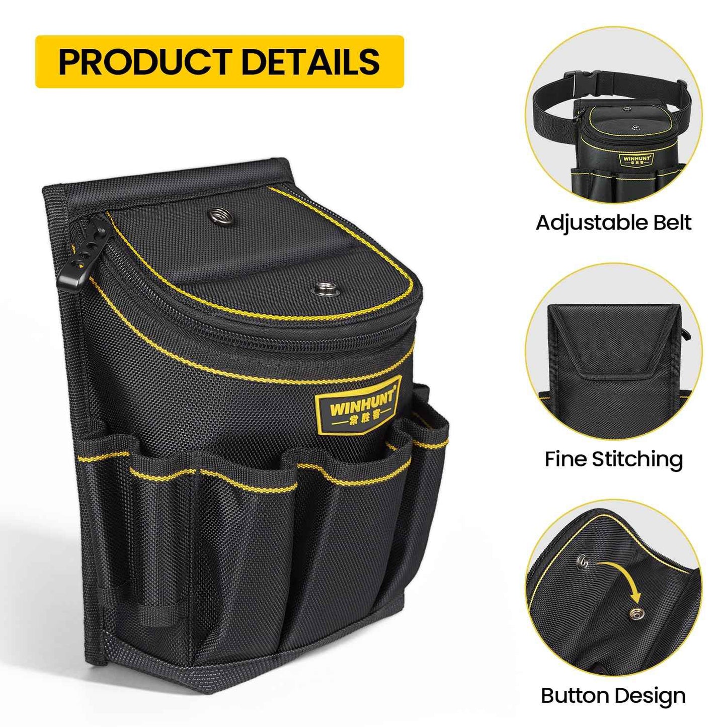 WINHUNT Tool Belt Pouch with Multiple Pockets, Heavy Duty Construction Belt Bag, Black and Yellow, Storage for Electrician Tools