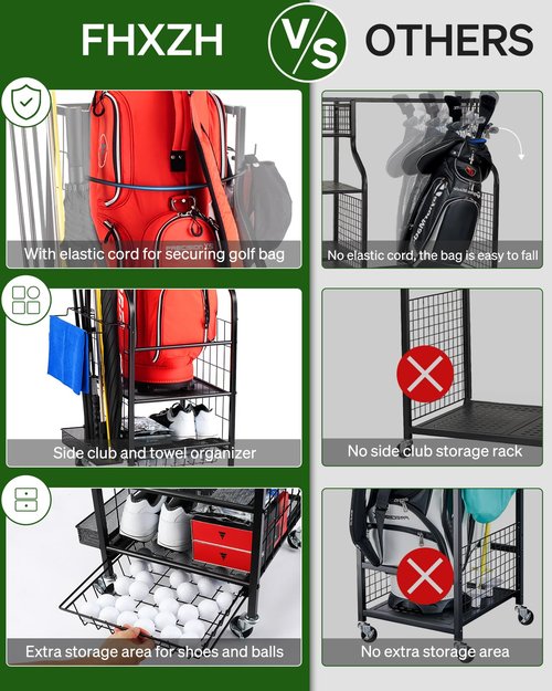 FHXZH Golf Bag Storage Garage Organizer - Golf Bag Stand Fit for 1 Bag, Extra Clubs, Balls, Shoes, and Golf Equipment Accessories, Golf Storage Rack for Garage, Club, Shed