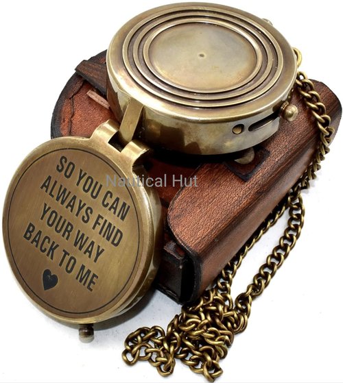 So You Can Always Find Your Way Back Home Engraved Brass Compass with Premium Leather Case & Chain - Brass Pocket Compass - Personalized Compass Gift for Hiking,Husband, Him, Her,Son, Graduation Day