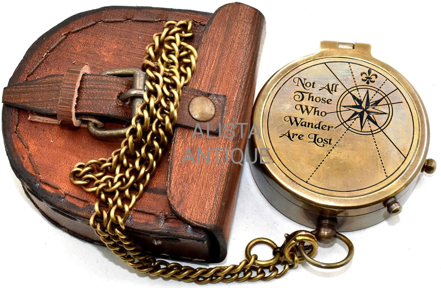 “Not All Those Who Wander are Lost” Engraved Solid Brass Compass with Leather Case & Chain | Vintage Style Pocket Compass for Men & Women | Hiking Compass | Graduatin Gift | Birthday Gift