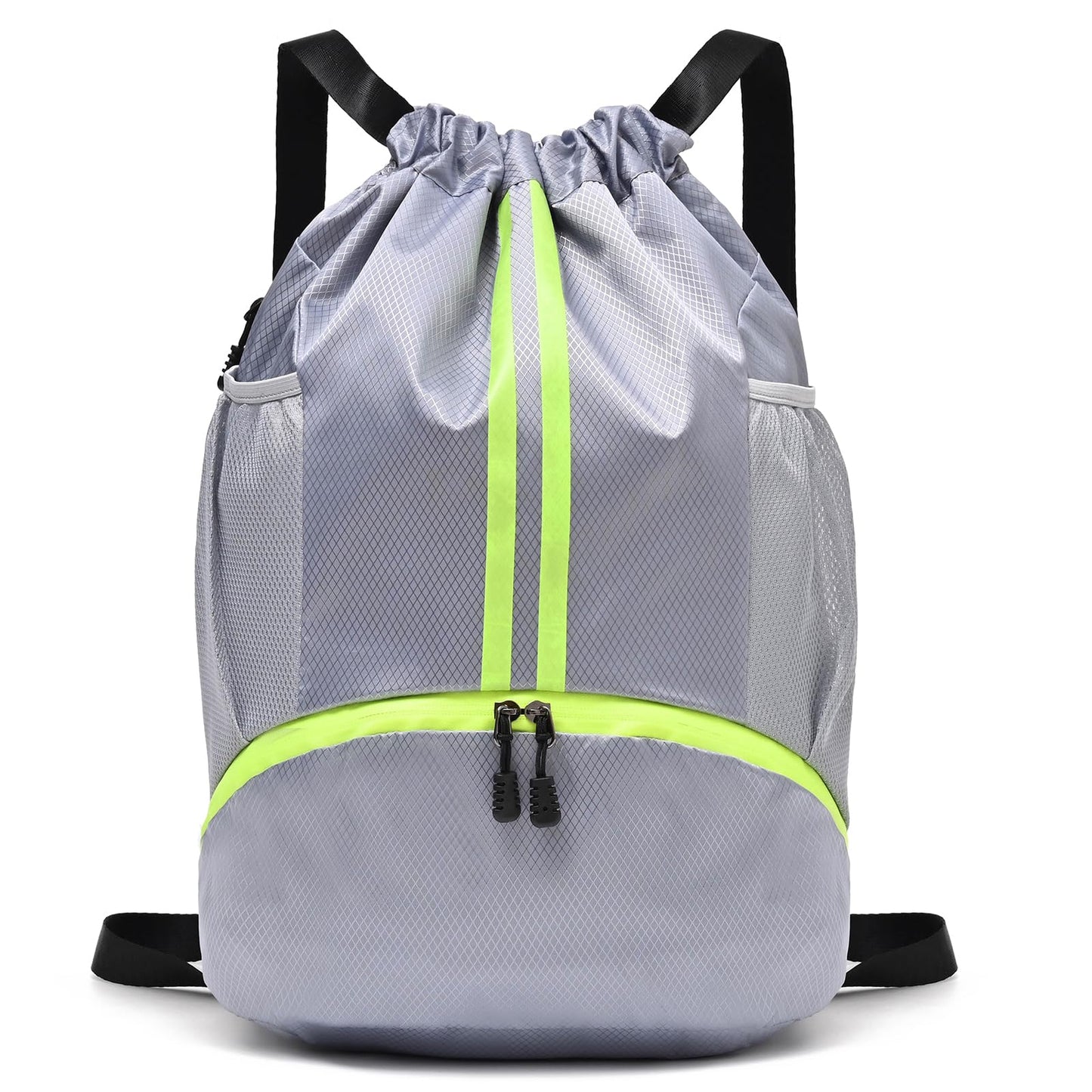 LOKAPEGY Drawstring Gym Bag for Men, Waterproof Drawstring Backpack for Women, Swim with Shoes Compartment, Pull String Sport Bag for Soccer and Basketball. (Grey)