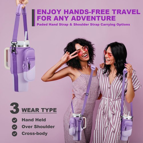 BULKITEM Water Bottle Carrier Bag with Phone Pocket for Gradient Purple Stanley 40 oz Tumbler with Handle, Insulated Neoprene Cup Holder Pouch Strap for Valentines Stanley Cup Accessories