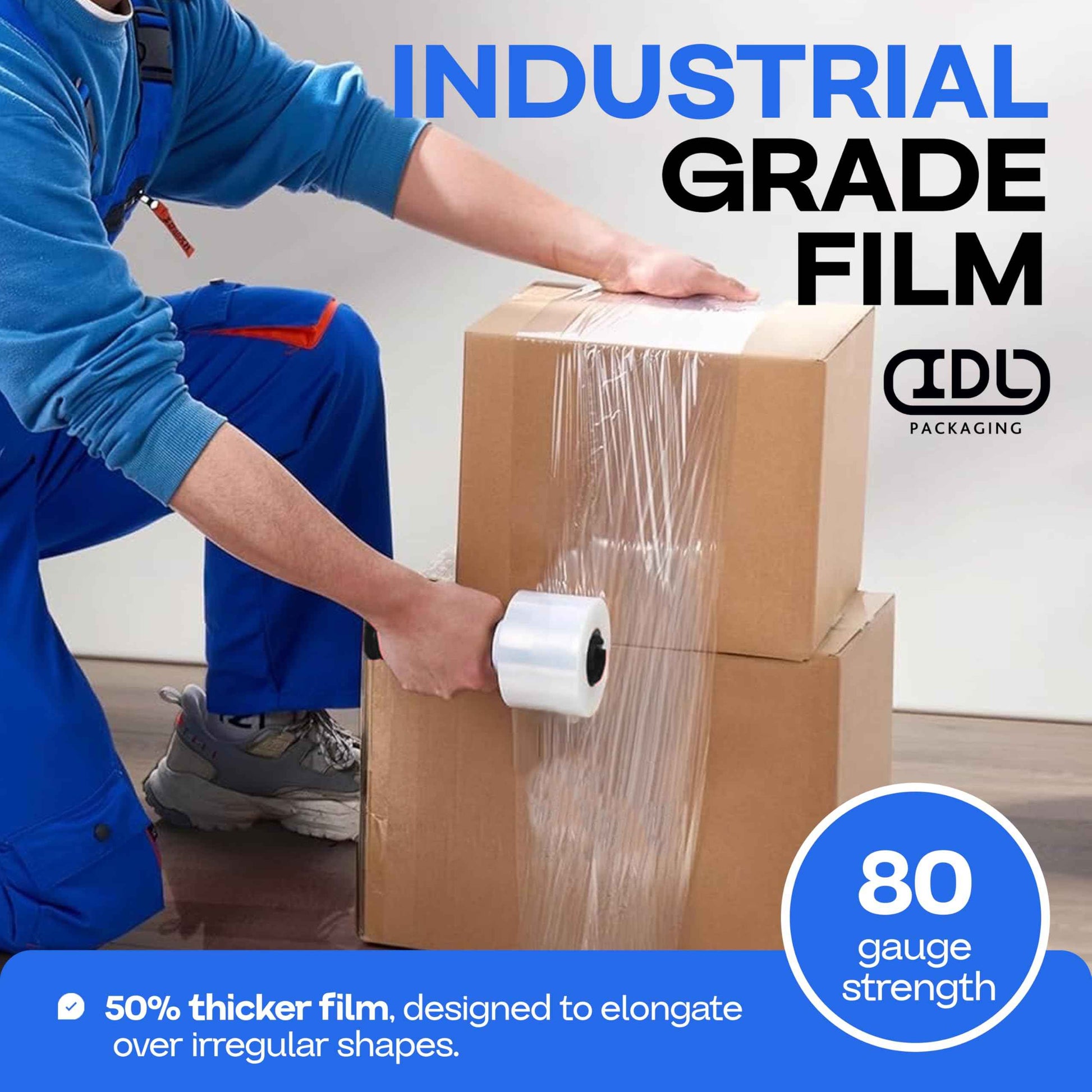 IDL Packaging 3"x 1000' Stretch Wrap Mini Roll of 80 Gauge (4 Rolls) with Plastic Handle - Extra Sticky Clear Plastic Wrap Film - Great for Moving and Office Needs - Self-Adhesive Wrap Packaging
