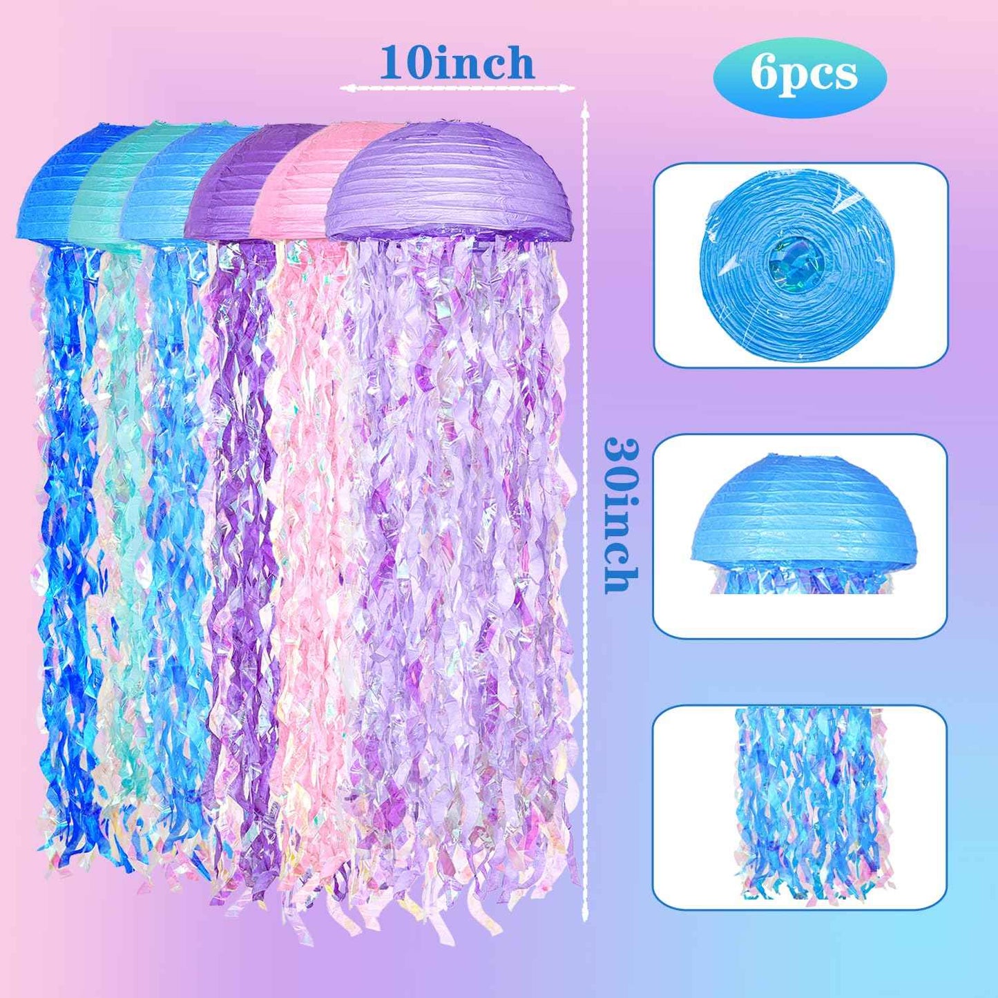 OBXT 10" Mermaid Jellyfish Lanterns – Pink Purple Blue Decorations for Mermaid Birthday Party, Under The Sea Theme, Baby Shower, Ocean & Beach Room Hanging Decor (Set of 6)