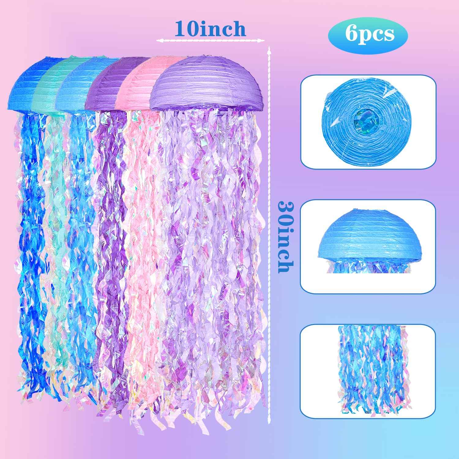 OBXT 10" Mermaid Jellyfish Lanterns – Pink Purple Blue Decorations for Mermaid Birthday Party, Under The Sea Theme, Baby Shower, Ocean & Beach Room Hanging Decor (Set of 6)