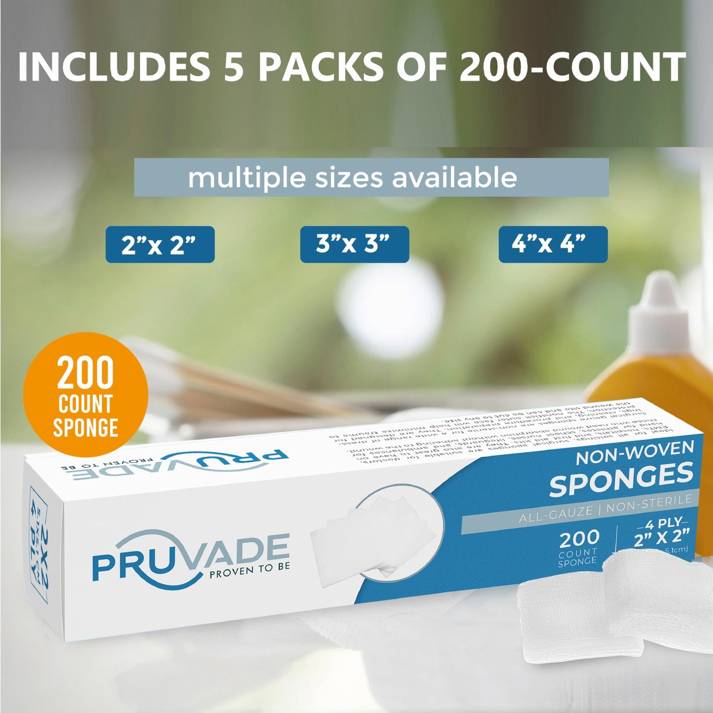Pruvade 1000 Count Gauze Pads - Soft 2"x2" Non-Woven 4-Ply | All-Purpose Non-Sterile Dental Gauze Pads - Absorbent Gauze Sponges for First Aid Kit, Makeup-Removal, Skin Cleansing - 5 Packs of 200