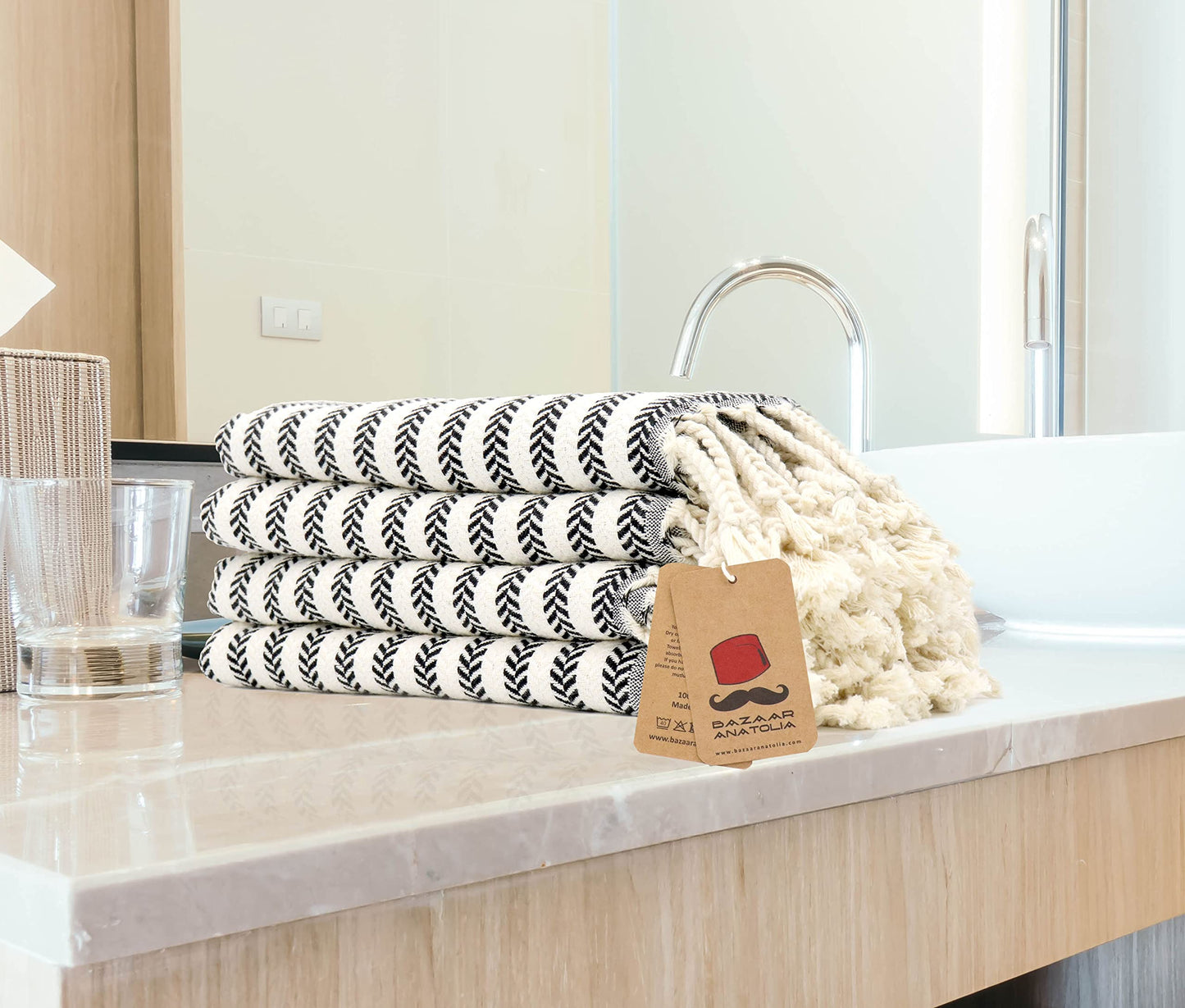 Bazaar Anatolia Hand Towels - Set of 4 | 39" x 19" - Striped Turkish Hand Towel for Bathroom, 100% Cotton, Kitchen, Face, Hair, Tea, Dishcloth, Striped Towels - Arpa Black