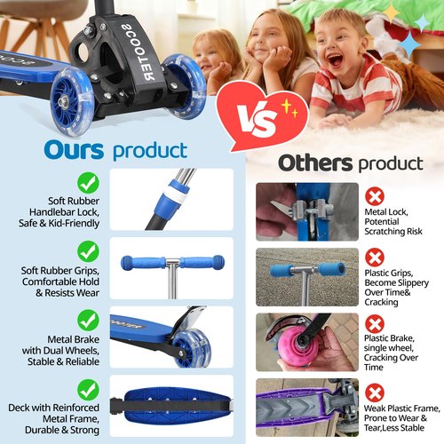 Kick Scooter for Kids 3-7 Age - Three Wheel Light Up Scooters, Lean to Steer,Foldable,Stable Dual Rear Wheels, Adjustable Height, for 3-5,5-7 Year Old Girls Boys Up to 120 Lbs