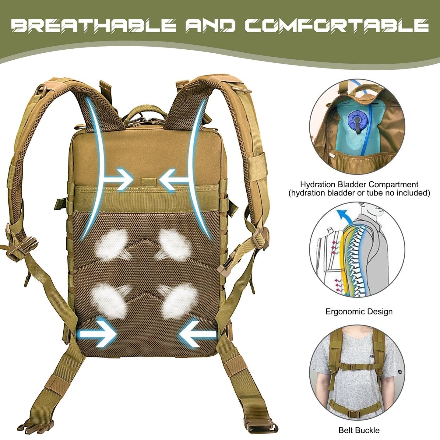 WOLT Military Tactical Backpack for Men 45L Molle Backpack 3 Day Assault Pack Bug Out Bag, Heavy Duty Rucksack for Hiking Gym(Khaki)
