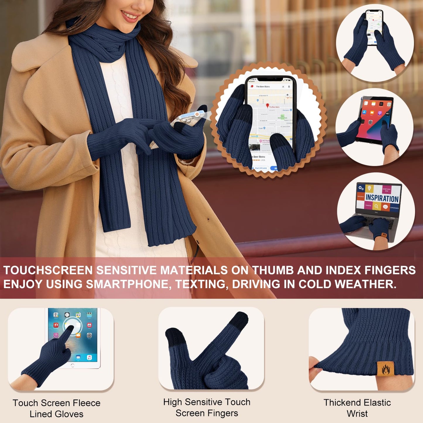 HEEKPEK Winter Beanie Hats Scarf Gloves Ear Muffs Fuzzy Socks 5pcs Set for Women Cold Weather Beanies Touch Screen Gloves (Navy Blue)