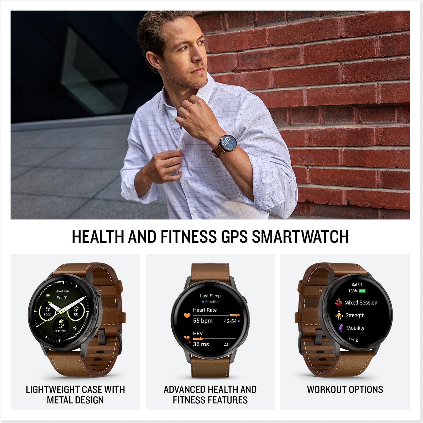 Garmin Venu® 4, 45mm, Advanced Health and Fitness GPS Smartwatch,Bright Colorful Display,Built-in Flashlight,12 Days of Battery Life, Slate with Black Silicone and Brown Leather Band - 2 Bands