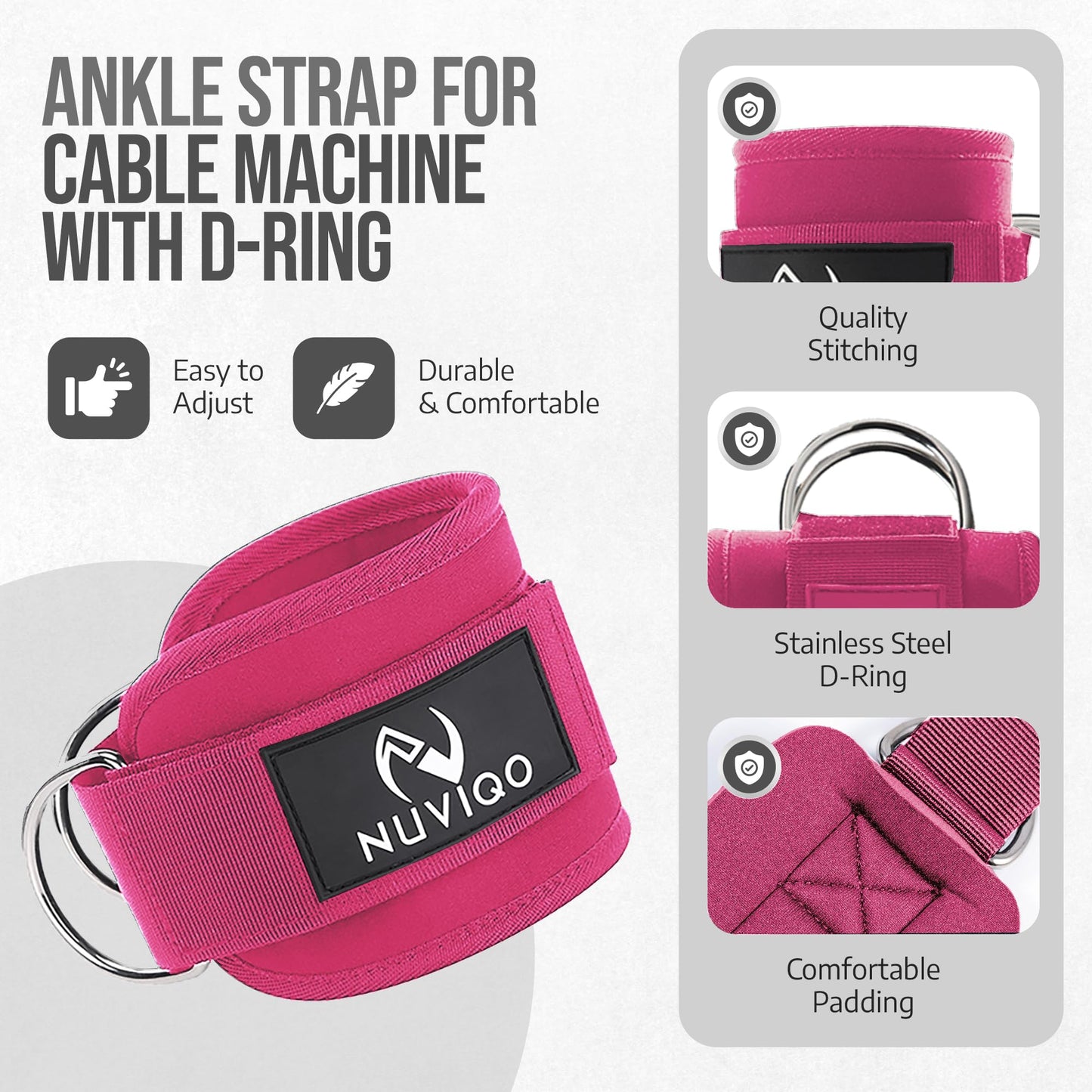 NUVIQO 9 Pcs Gym Accessories Set Featuring Barbell Pad with 2 Safety Straps - 2 Ankle Straps for Cable Machine - 2 Weight Lifting Straps - Hip Resistance Band - Carry Bag for Hip Thrust Pad