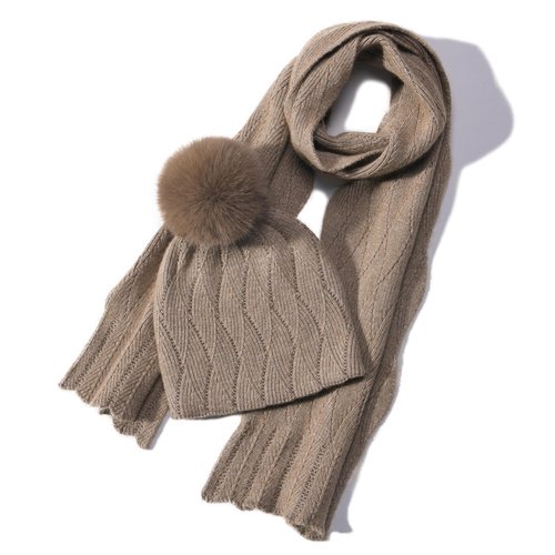 Knit Hat Scarf Set with Detachable Pom Pom, Wool Blend Winter Beanie & Long Scarf, Cold Weather Accessories for Women Beige