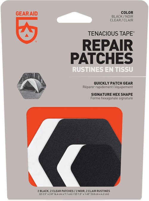 GEAR AID Tenacious Tape Hex – Repair Patches for Outdoor Gear | 2.5” & 1.5” Clear/Black (4 Patches)