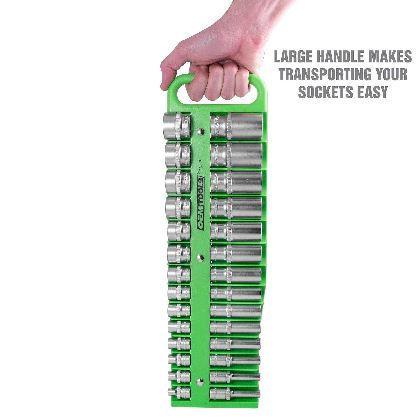 OEMTOOLS 23117 3/8" Drive Portable Magnetic Socket Organizer Tray, Magnetic Socket Holders Organizers For Tool Box, Shop, Or Garage, Holds Up To 28 Tools, Metric/SAE, Green