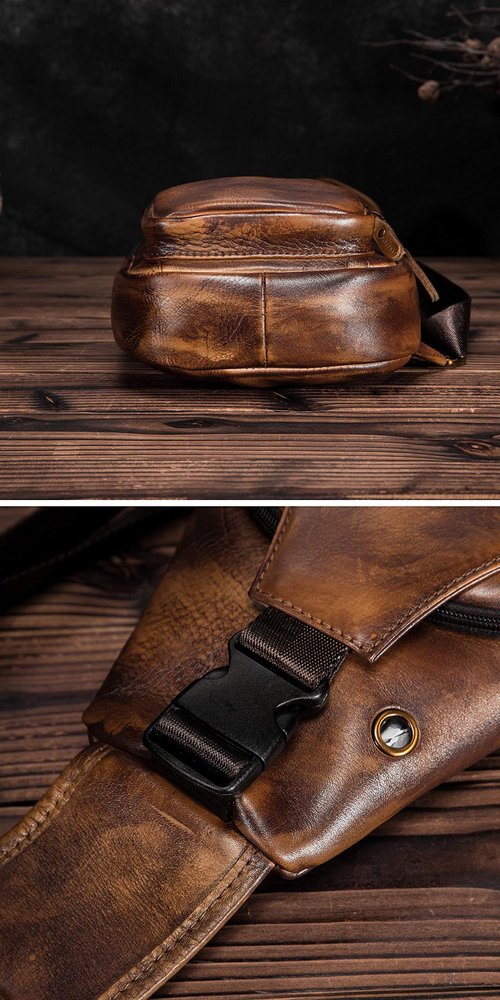Le'aokuu Men Fashion Casual Tea Designer Travel Hiking Crossbody Chest Sling Bag Rig One Shoulder Strap Bag Men Leather 8015 (Gold)