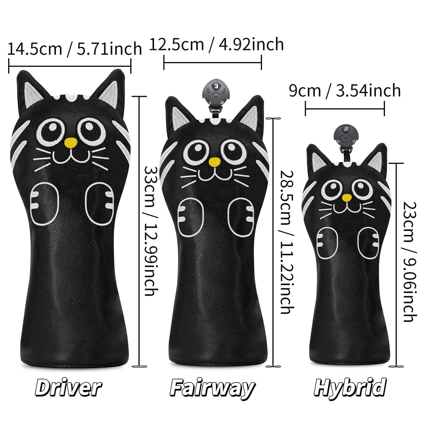 Golf Kitty Head Cover Golf Club Black Leather Headcovers Set Fits Driver Fairway Wood Hybrid Utility Putter Iron Wedge Headcover.