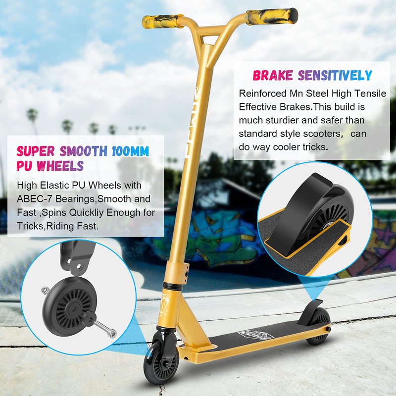 VOKUL Gold Pro Stunt Scooter - Entry Level Tricks Freestyle Pro Scooter for Age 6 Up Kids,Boys,Girls - Reinforced 20" L4.1 W Deck(Gold)