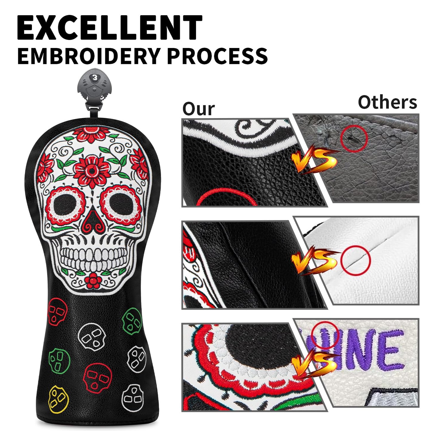 Golf Head Cover Golf Club Red Flower Skull Design Golf Covers PU Headcovers Set Fits Driver Fairway Wood Hybrid Utility Woods Iron Wedge Headcover.