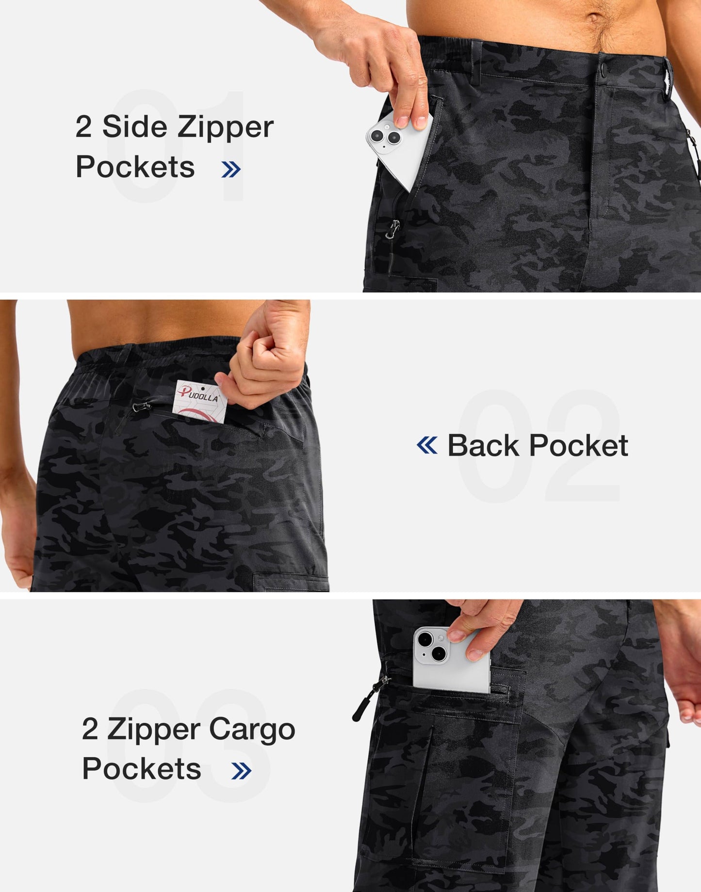 Pudolla Men's Hiking Shorts 11" Lightweight Cargo Work Shorts for Men Summer Travel Golf Casual Outdoor with 5 Pockets(Black Camo 3X-Large)